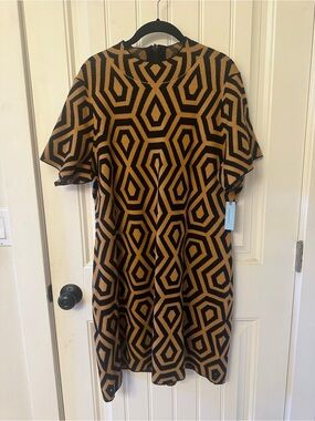 NWT Anthropologie Nina Geometric Knit Shift Mini Dress in Camel & Black 2X